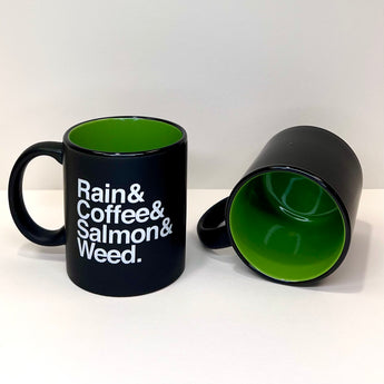 Rain & Coffee & Salmon & Weed. Matte Black & Green ~ Mug